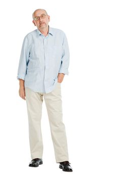 Tall mature man posing on white background