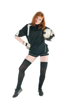 Beautiful football player with ball on white background