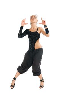 Modern dancer wearing black clothes on white background