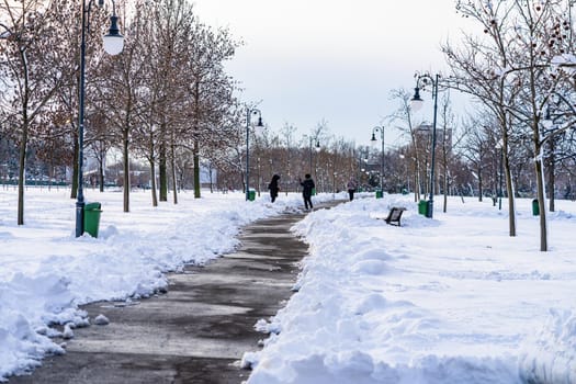 Perfectly shaped snow, snowy environment in the morning. Winter concept, frozen and snow covered place. Snowy road in Bucharest, Romania, 2021