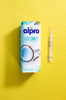 Tyumen, Russia-april 17, 2021: Non-dairy milk Alpro. Coconut vegetable drinks