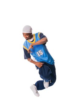 Hip-hop young man making cool move isolated on white background