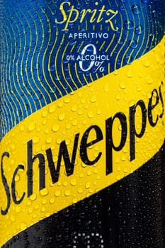 Tyumen, Russia-May 25, 2021: Aluminum can of the Schweppes Close-up logo.