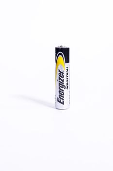 Tyumen, Russia-May 25, 2021: Energizer AA batteries on white background. American manufacturer of batteries and are sold in over 165 countries worldwide.