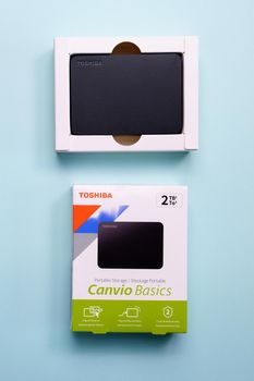 Tyumen, Russia-August 24, 2021: Toshiba USB 3.0 hard drive canvio basics 2 tb. Selective focus