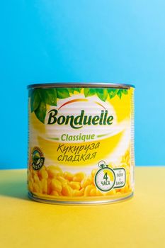 Tyumen, Russia-april 17, 2021: Bonduelle cans of corn is a French company producing processed vegetables.