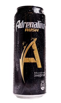 Tyumen, Russia-May 25, 2021: Energy drink Adrenaline rush. Brand Adrenaline Rush is a company PepsiCo.