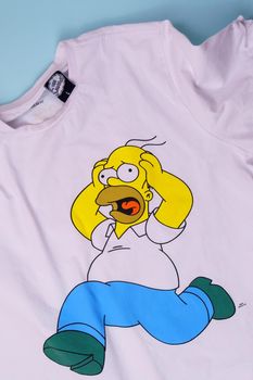 Tyumen, Russia-August 27, 2021: Simpsons is an American adult animated sitcom created by Matt Groening for the Fox Broadcasting Company. T-shirt
