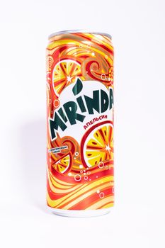 Tyumen, Russia-May 25, 2021: Mirinda can isolated on a white background. Mirinda produced by PepsiCo Inc.