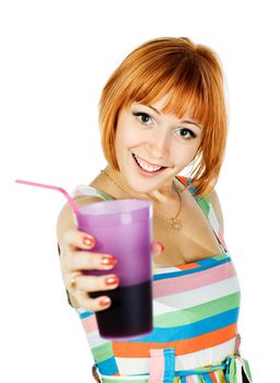 Beautiful red girl with a glass of soda and drinking straw isolated on white