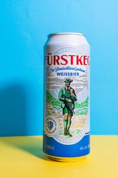 Tyumen, Russia-May 25, 2021: beer furstkeg Weissbier brewery OeTTinger. logo