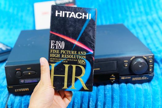 Tyumen, Russia-July 25, 2021: Video cassette Old vintage VHS tapes, Technology concept. Retro style