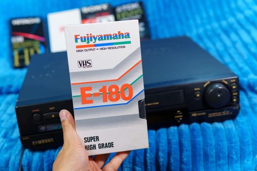 Tyumen, Russia-July 25, 2021: Video cassette Old vintage VHS tapes, Technology concept. Retro style