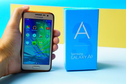 Tyumen, Russia-August 24, 2021: Samsung Galaxy A3 smartphone. Samsung Group is a South Korean