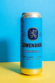 Tyumen, Russia-May 25, 2021: Lowenbrau alcoholic beer logo close-up selective focus.