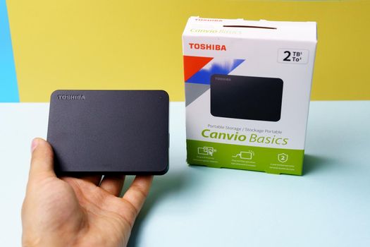 Tyumen, Russia-August 24, 2021: Toshiba USB 3.0 hard drive canvio basics 2 tb. Selective focus