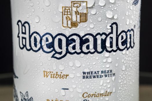 Tyumen, Russia-May 25, 2021: Non alcoholic beer Hoegaarden aluminum can.