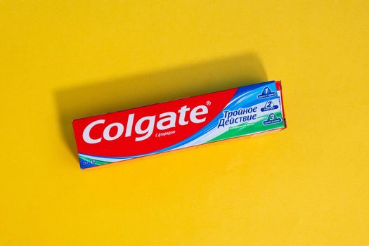 Tyumen, Russia-June 21, 2021: Colgate tooth paste. Colgate is a brand of toothpaste produced by Colgate-Palmolive