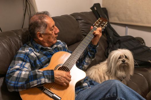 Old man playing acoustic guitar and sitting on sofa with little white dog