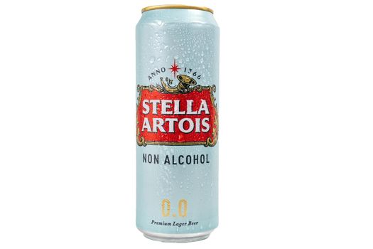 Tyumen, Russia-April 26, 2021: Stella Artois non alcoholic beer can logo close up. great Belgium beer
