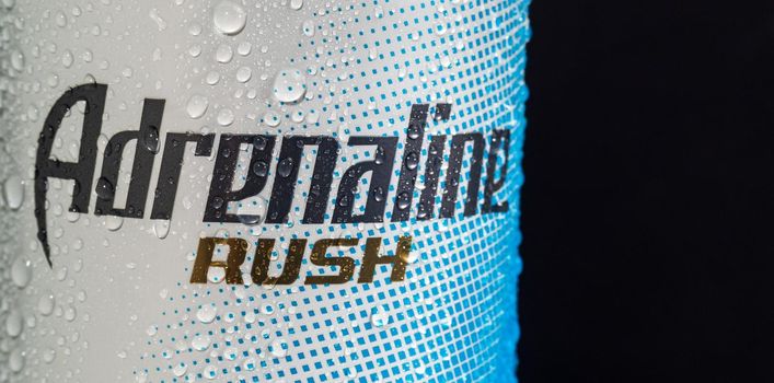 Tyumen, Russia-May 25, 2021: Energy drink Adrenaline rush Zero Sugar. Brand Adrenaline Rush is a company PepsiCo.