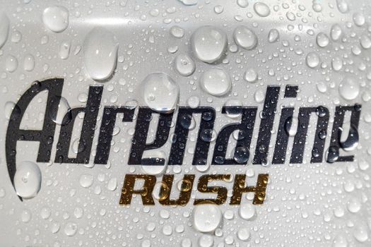 Tyumen, Russia-May 25, 2021: Energy drink Adrenaline rush Zero Sugar. Brand Adrenaline Rush is a company PepsiCo.