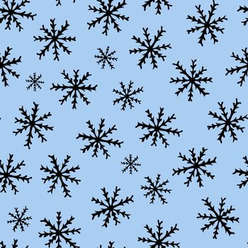 Seamless Pattern with Black Snowflakes on Light Blue Background. Abstract Hand-Drawn Doodle Snowflakes.