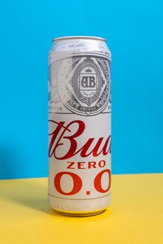 Tyumen, Russia-June 21, 2021: Bud beer can, an American-style pale lager produced by Anheuser-Busch. Vertical photo