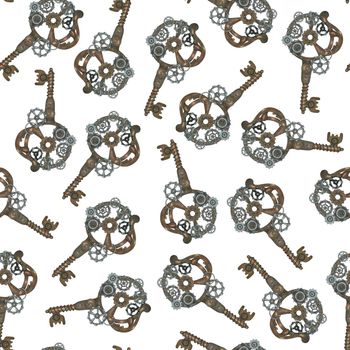 Hand-Drawn Seamless Pattern of Gray Colored Steampunk Key on White Backdrop.