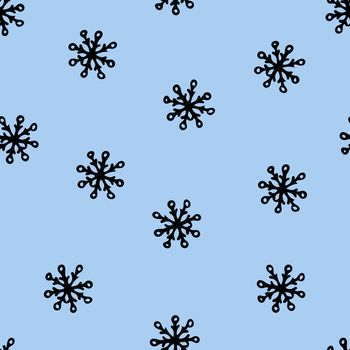 Seamless Pattern with Black Snowflakes on Light Blue Background. Abstract Hand-Drawn Doodle Snowflakes.