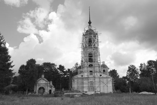 Ancient cathedral is being repaired. It is all in scaffolding