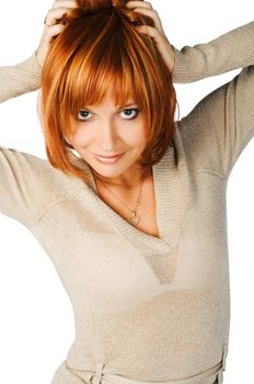 Beautiful girl posing on white background at the studio