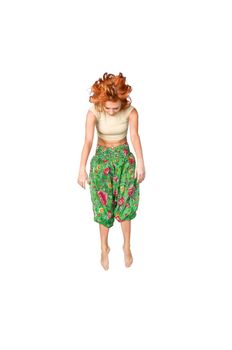 Fit red haired girl isolated on white background