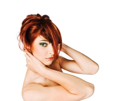 One young red girl closeup on white background