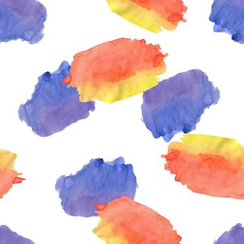 Seamless Pattern with Red, Yellow, Blue Watercolor Spots. Hand Drawn Blobs on White Background.