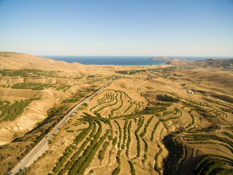Late summer aerial landscape in Crimea mountains near Black Sea