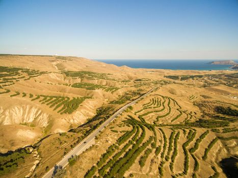Late summer aerial landscape in Crimea mountains near Black Sea