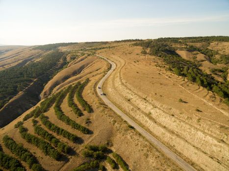 Late summer aerial landscape in Crimea mountains near Black Sea