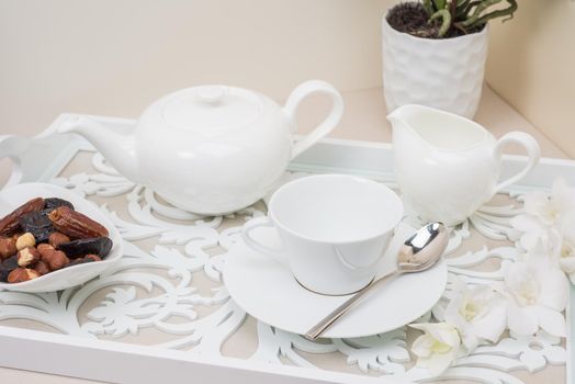 English tea set with dried fruit dessert