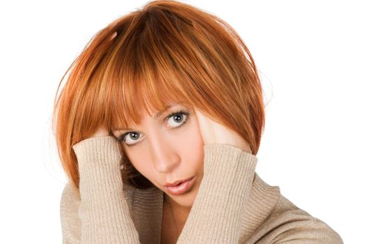 beautiful red haired girl isolated on white