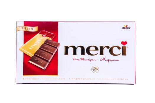 Tyumen, Russia-May 25, 2021: Merci chocolate brand of chocolate candy manufactured by the German company August Storck. Isolated on a white background