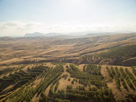 Late summer aerial landscape in Crimea mountains near Black Sea