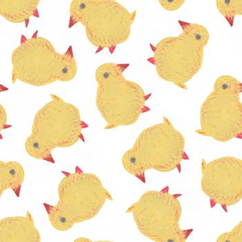 Cute Cartoon Hand Drawn Seamless Pattern With Little Yellow Chick. Funny Easter Watercolor Chicken on White Background.