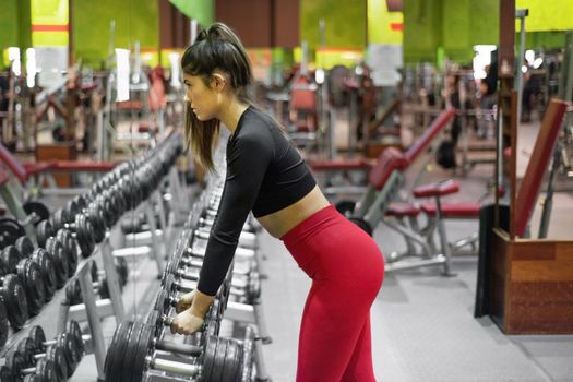 Young woman training with dumbbells in gym. High quality photo