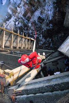 ZHELEZNODOROZHNIY, RUSSIA - March 2, 2008 - Rope jumping event held at the abandoned building construction site. Sports enthusiast groups organize such events for adrenaline lovers from all over Moscow district