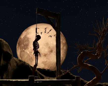 Gallow on a spooky night with a golden full moon and a hanged skeleton - 3d rendering