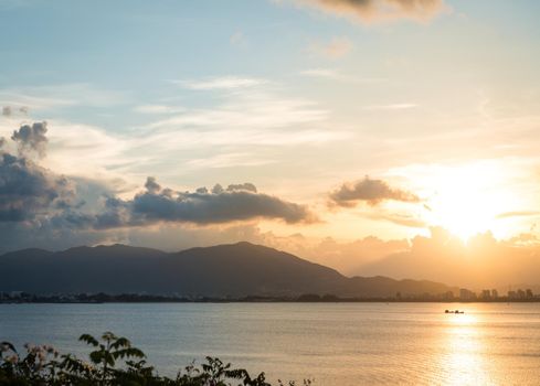 Sea landscape at evening on the Vinpearl beach. View of Nha Trang, Vietnam. Sunset.