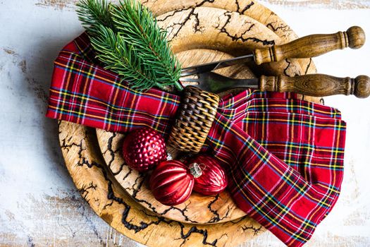 Festive table setting for Christmas holiday dinner
