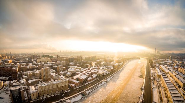 Panoramic shot of Moscow River in winter sunset time
