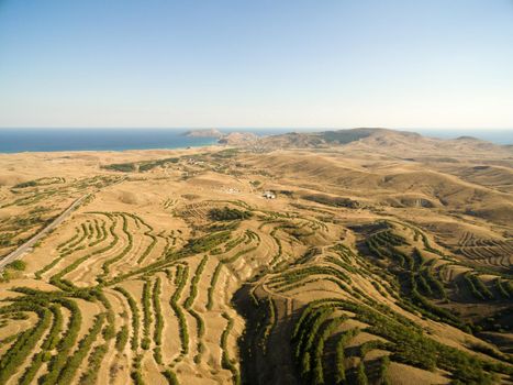 Late summer aerial landscape in Crimea mountains near Black Sea